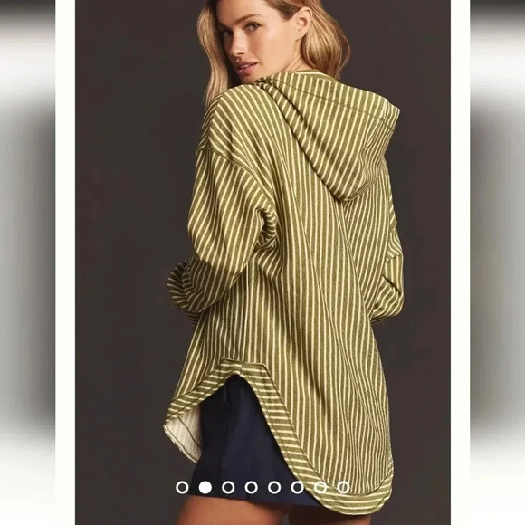 Anthropologie Pilcro Wharfside V Neck Hooded Sweatshirt Green White Stripe Small - Picture 2 of 16